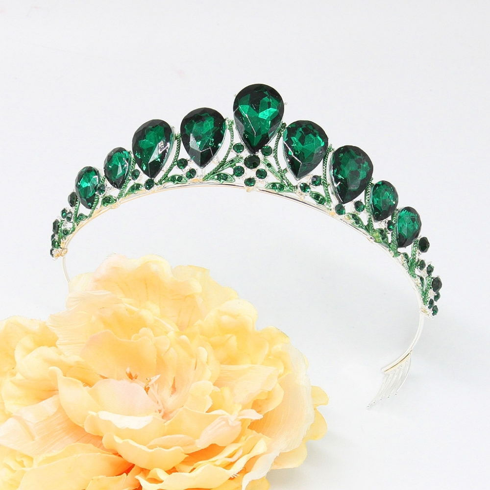 Green Emerald Crystal Princess Teardrop Rhinestone Tiara Crown Glass